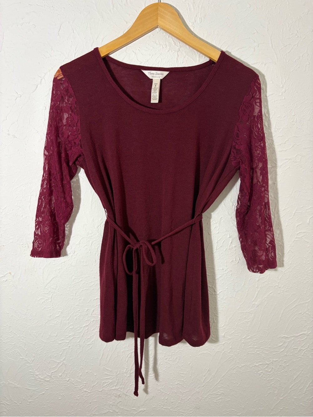 Three Seasons Maternity Burgundy Lace-Sleeve Tie-Front Top